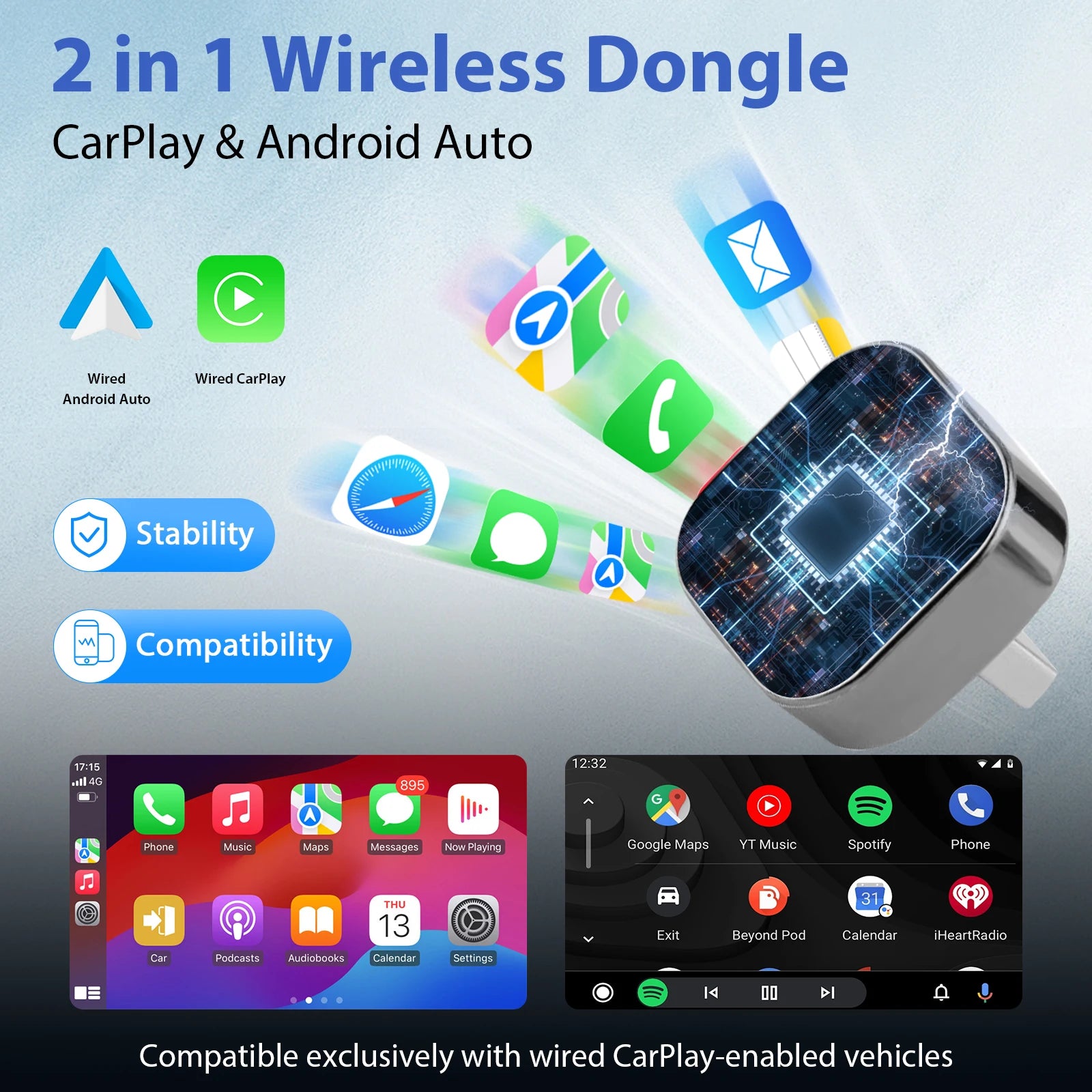 New Pionray 2 in 1 Wireless CarPlay Adapter&Android Auto Wireless