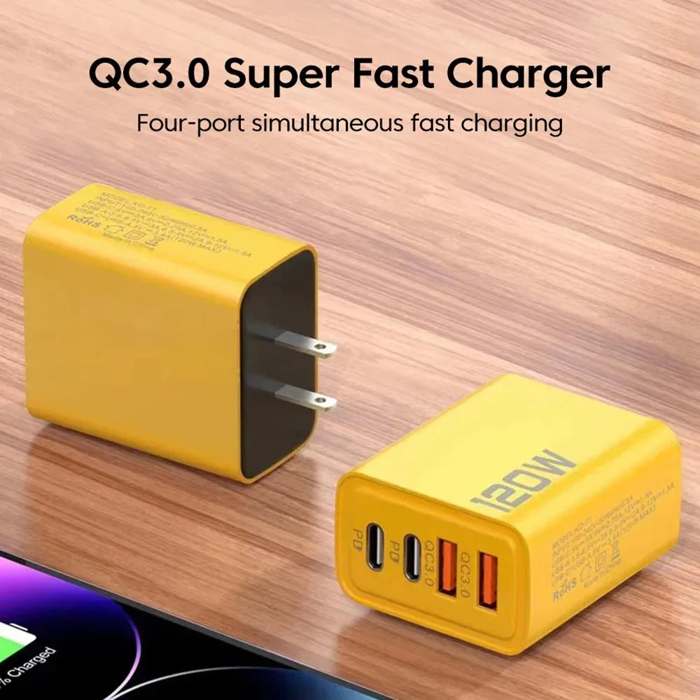 4 Port USB Charger Total 120W Type C Fast Charge Mobile Phone Adapter